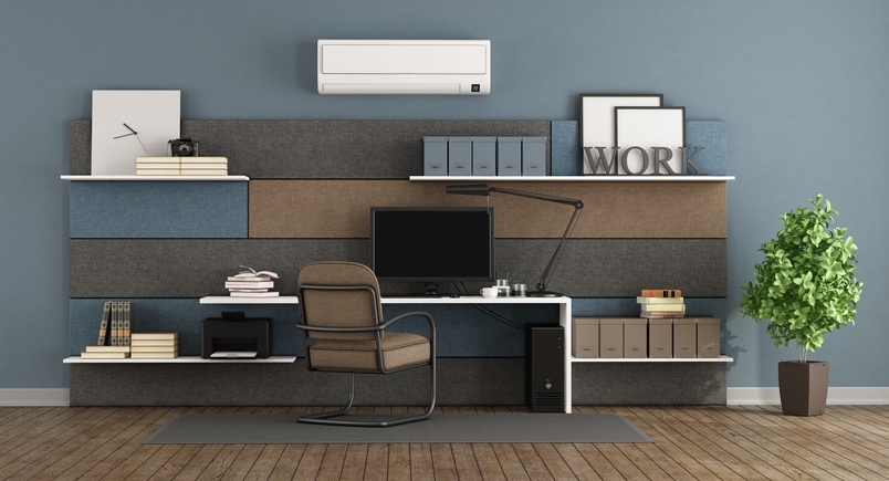 Blue and brown modern office with fabric paneling with shelves and desk 3d rendering.
